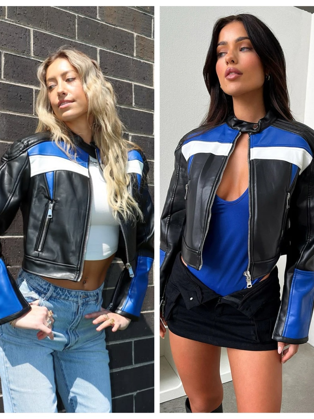NWT Lioness Moto Nueve Black Blue Faux Vegan Leather Cropped Jacket size XXS